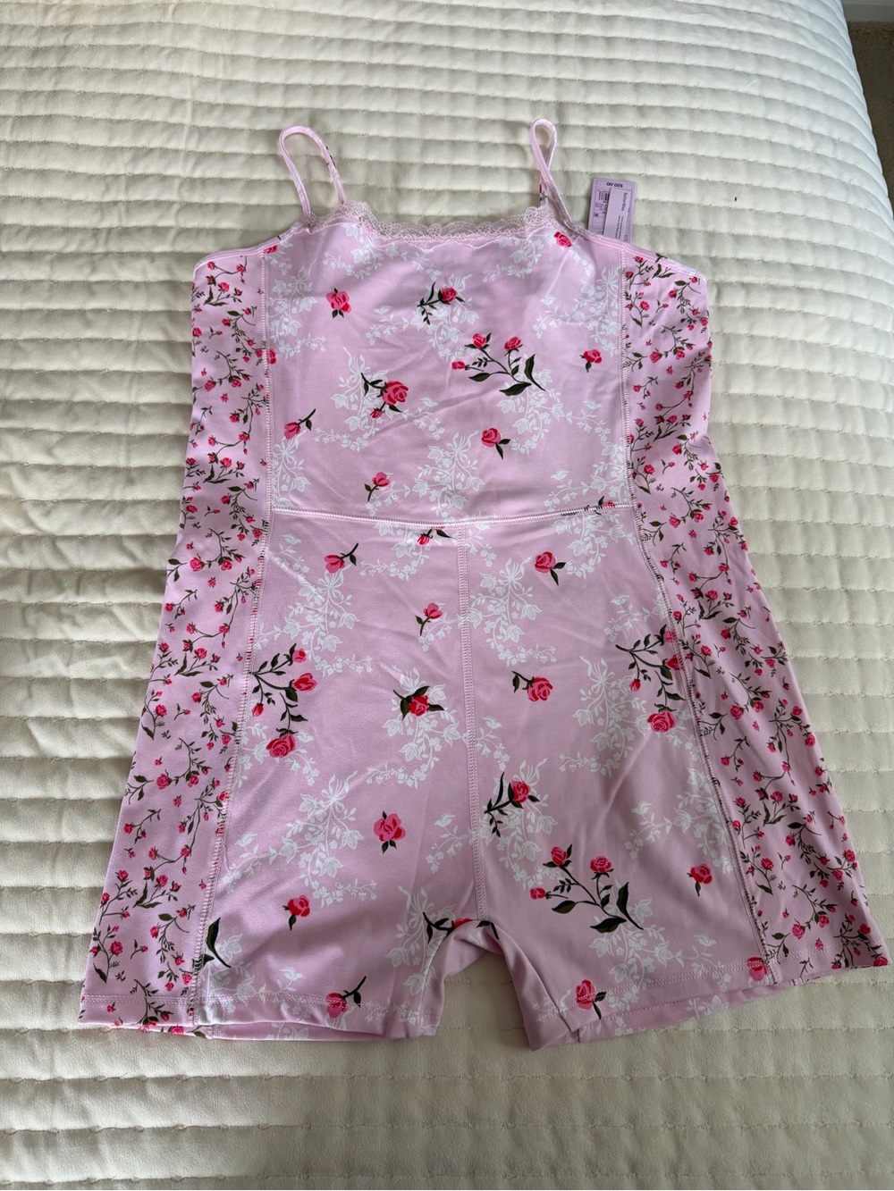 Pink Floral Lace Trim Romper